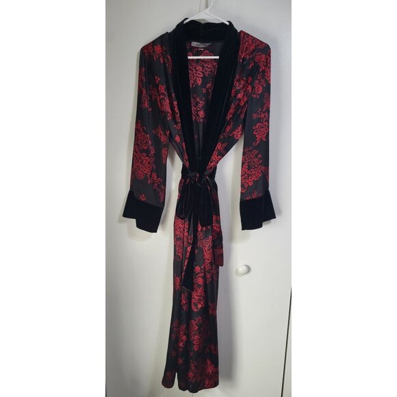 Morgan Taylor Intimates S/M Floral Satin Velvet Trim Robe Sexy Black Red Goth - Picture 4 of 8
